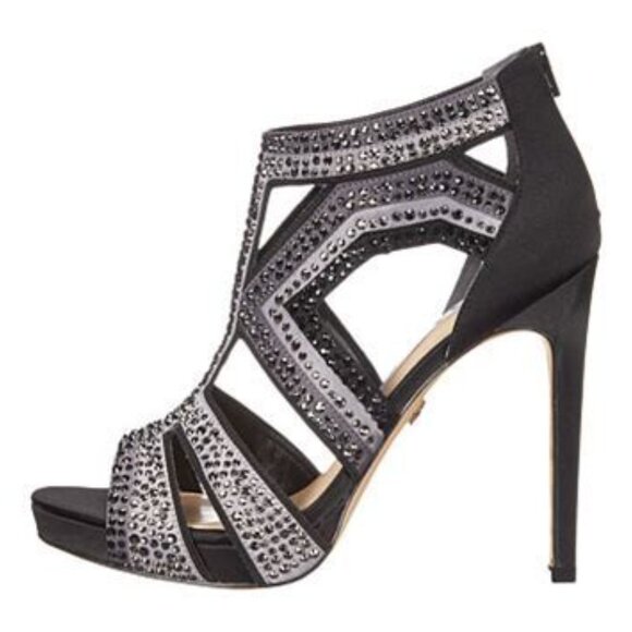 NINA FLAVOR - LS BLACK STEEL EMBELLISHED SATIN HIGH HEELS EVENING 6.5 W BOX - Picture 2 of 16